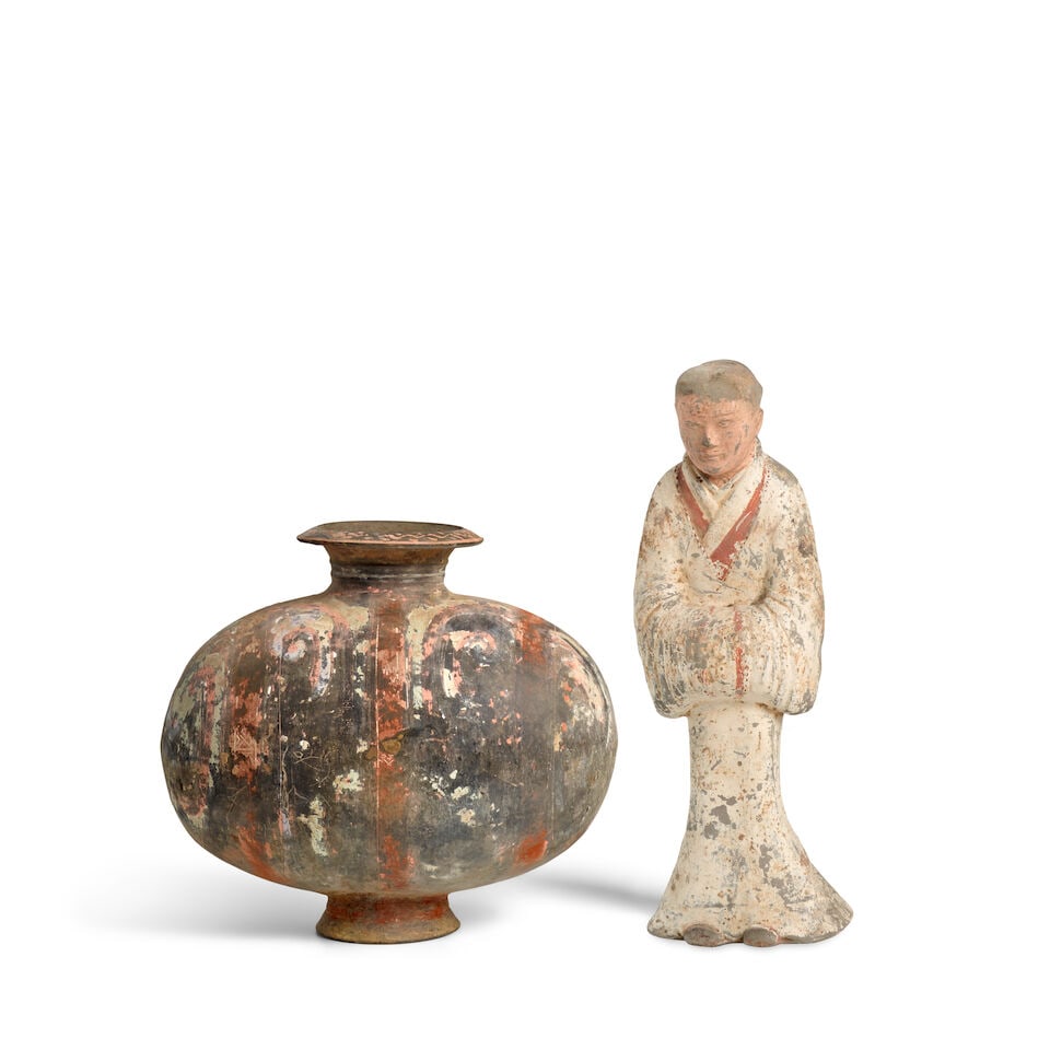 A PAINTED POTTERY ATTENDANT AND A PAINTED POTTERY 'COCOON' JAR Han Dynasty (2) - 3