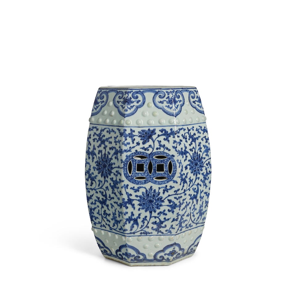 A BLUE AND WHITE 'LOTUS' GARDEN STOOL 19th century: A BLUE AND WHITE 'LOTUS' GARDEN STOOL 19th century 19 1/2in (49.5cm) high Footnotes: 十九世紀 青花纏枝蓮紋坐墩 For further