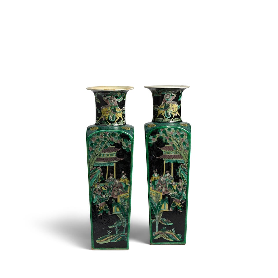 A PAIR OF FAMILLE-NOIRE 'WARRIOR' SQUARE VASES 19th century (2): A PAIR OF FAMILLE-NOIRE 'WARRIOR' SQUARE VASES 19th century 19 7/8in (50.5cm); 20 1/4in (51.5cm) high (2). Footnotes: 十九世紀