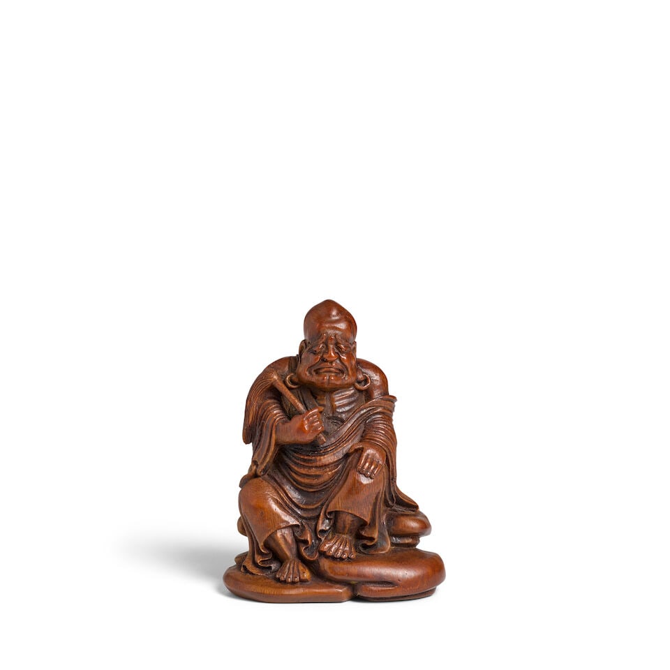 A BAMBOO-ROOT FIGURE OF A LUOHAN 19th century: A BAMBOO-ROOT FIGURE OF A LUOHAN 19th century 6 1/8in (15.7cm) high Footnotes: 十九世紀 竹根雕羅漢坐像 For further information on