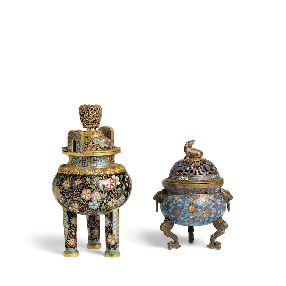TWO CLOISONNÉ ENAMEL INCENSE BURNERS AND COVERS Smaller: 17th century; Larger: Qianlong/Jia... - 2