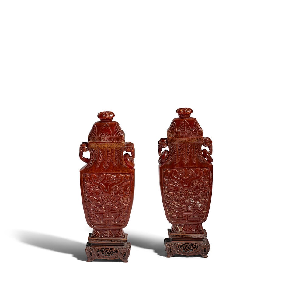 A PAIR OF CARVED AMBER 'TAOTIE MASK' VASES AND COVERS Qianlong/Jiaqing period (2, wood stands an... - 3