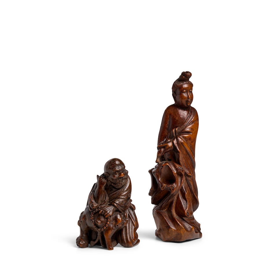 TWO BAMBOO ROOT CARVINGS OF BUDDHIST DEITIES, GUANYIN AND LUOHAN Qing Dynasty (2) - 2