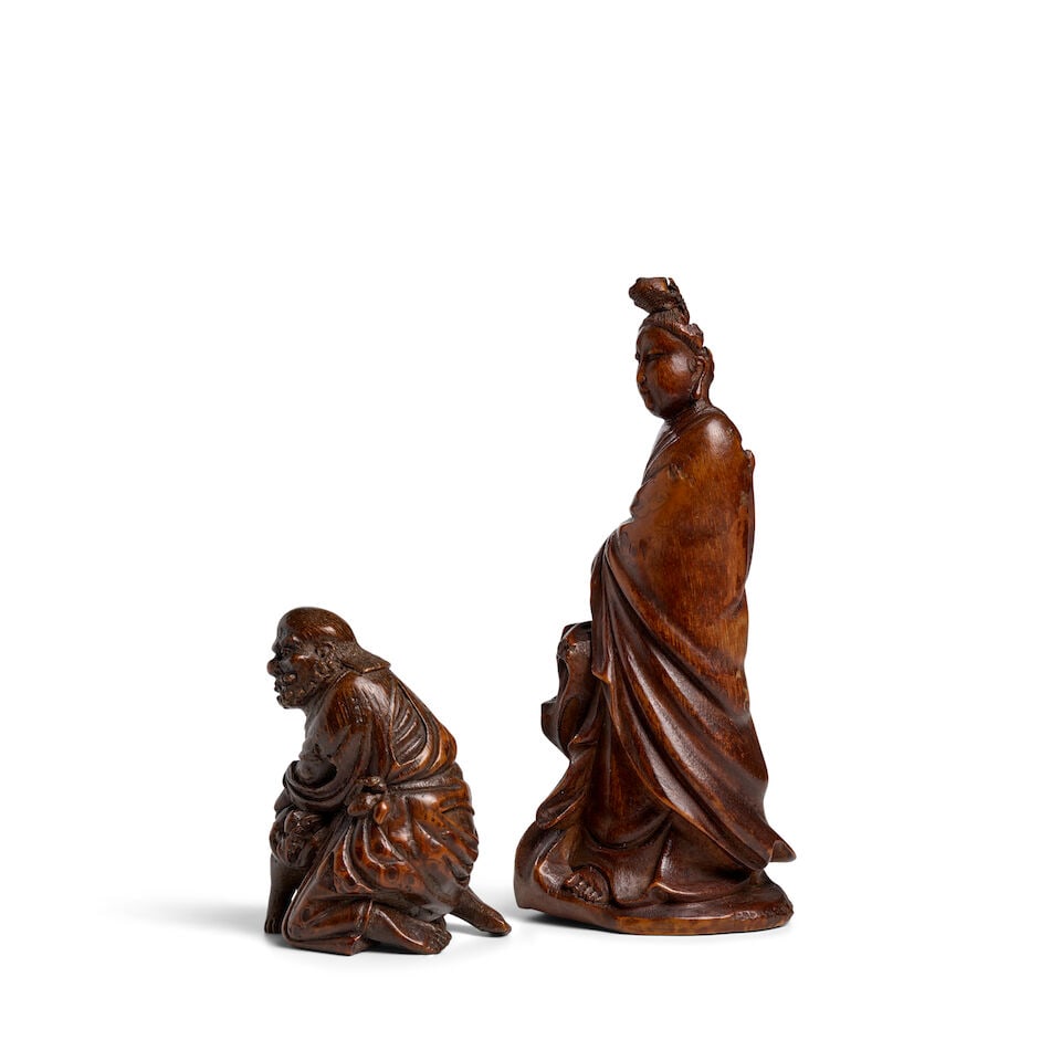 TWO BAMBOO ROOT CARVINGS OF BUDDHIST DEITIES, GUANYIN AND LUOHAN Qing Dynasty (2) - 3