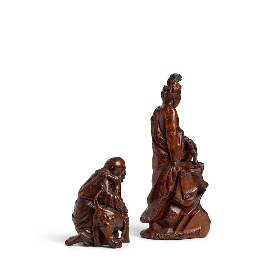 TWO BAMBOO ROOT CARVINGS OF BUDDHIST DEITIES, GUANYIN AND LUOHAN Qing Dynasty (2) - 4