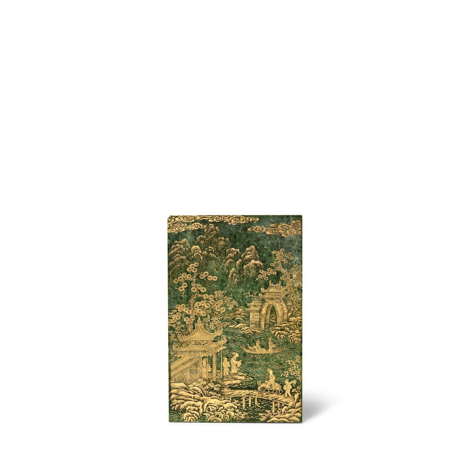 A GILT-DECORATED SPINACH GREEN JADE TABLE SCREEN Late Qing Dynasty: A GILT-DECORATED SPINACH GREEN JADE TABLE SCREEN Late Qing Dynasty One side depicting female immortals and attendants in a celestial landscape, and the other side painted with phoenix amidst lush vege