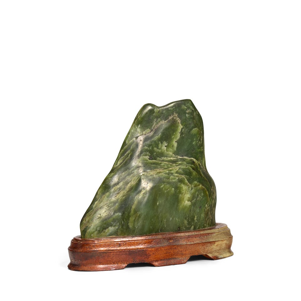 A SPINACH-GREEN JADE ROCK (wood stand) - 2