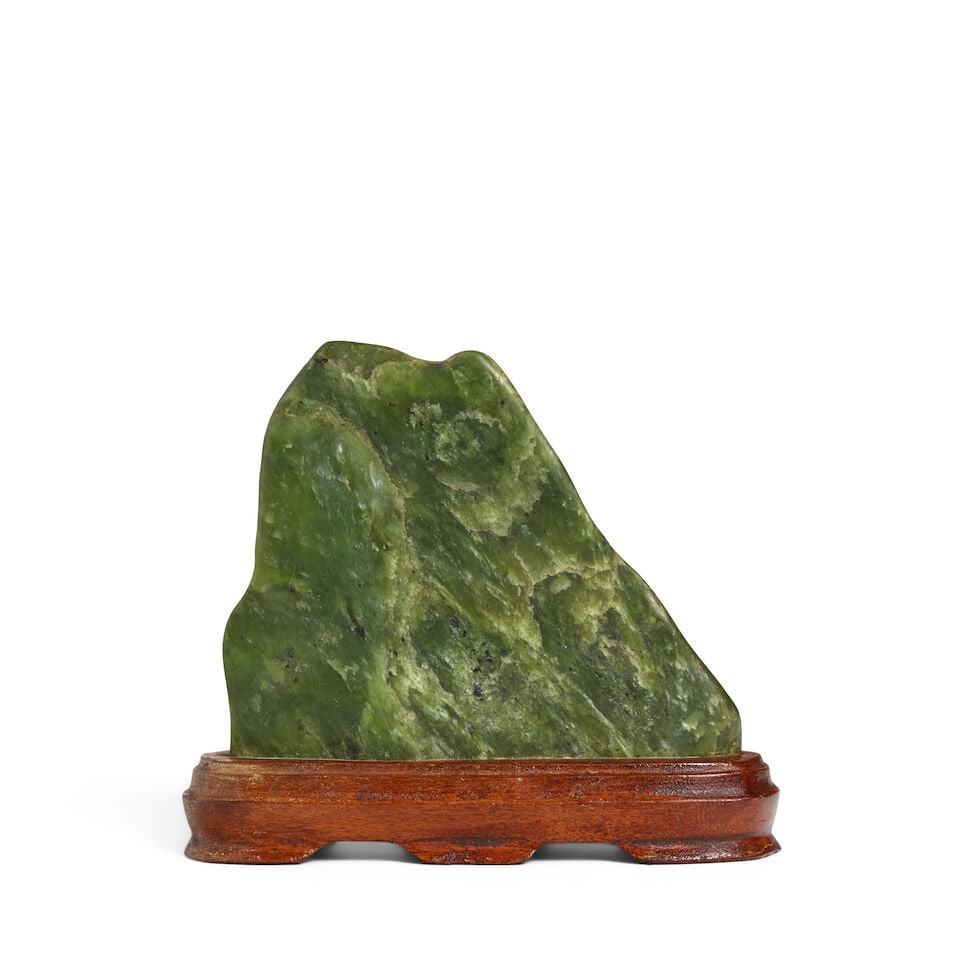 A SPINACH-GREEN JADE ROCK (wood stand) - 3