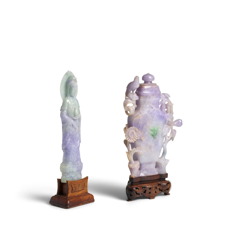 A LAVENDAR JADEITE VASE AND COVER Late Qing Dynasty (2, wood stands, guanyin affixed to wood stand) - 2
