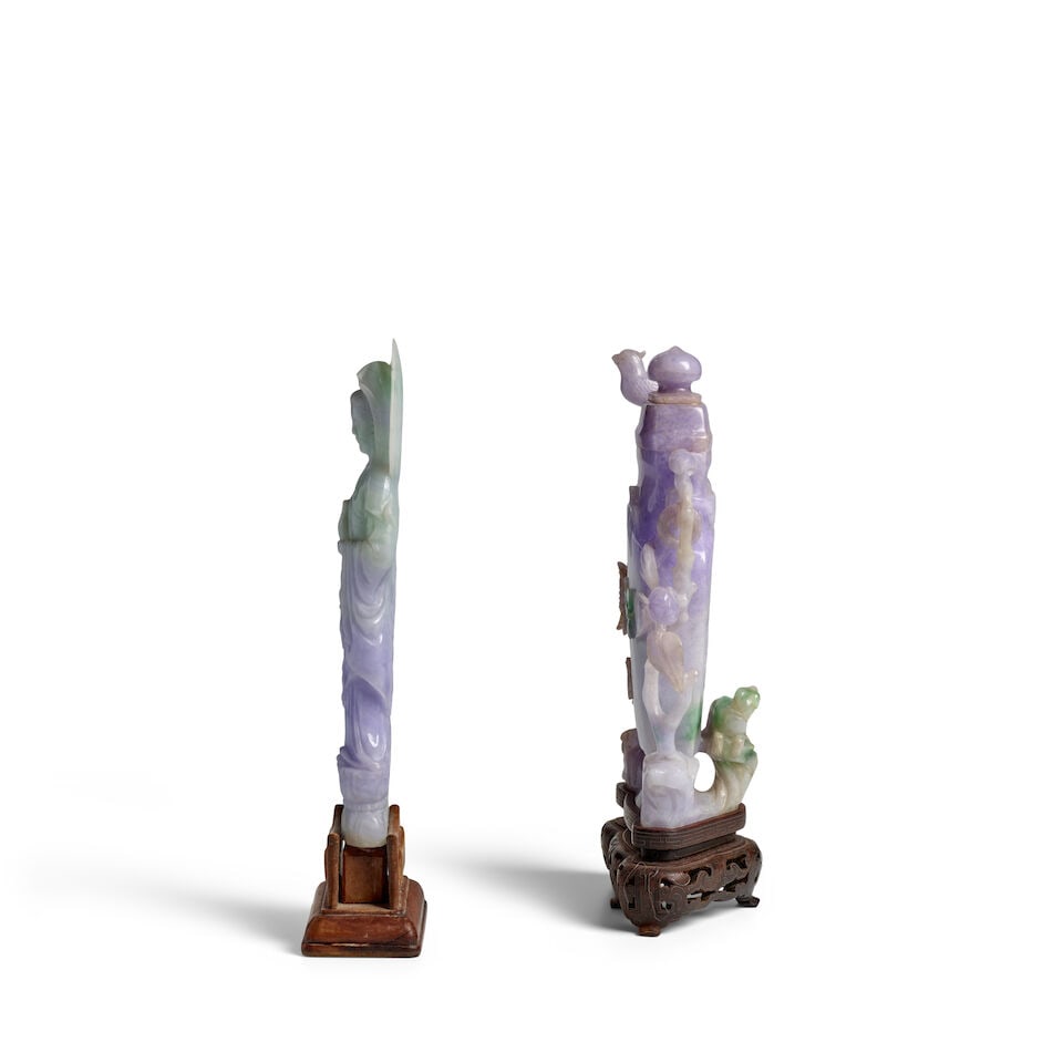 A LAVENDAR JADEITE VASE AND COVER Late Qing Dynasty (2, wood stands, guanyin affixed to wood stand) - 3