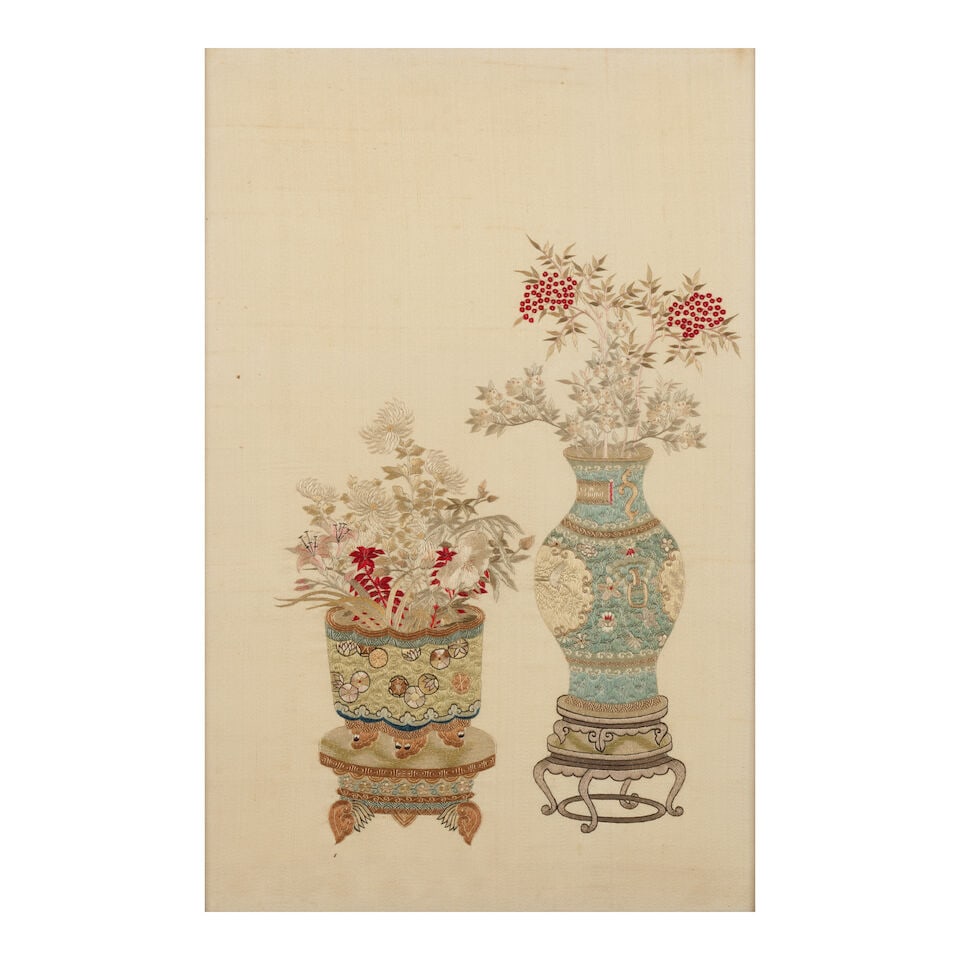 A SET OF FOUR SILK EMBROIDERED 'ANTIQUES' PANELS 20th century (4): A SET OF FOUR SILK EMBROIDERED 'ANTIQUES' PANELS 20th century Each with 'dragon' carved wood frame. 14 1/2 X 9 1/2in (36.8 x 24.1cm) sight of each panel; 24 3/4 x 12 3.4in (63 x 32.5cm) overall of
