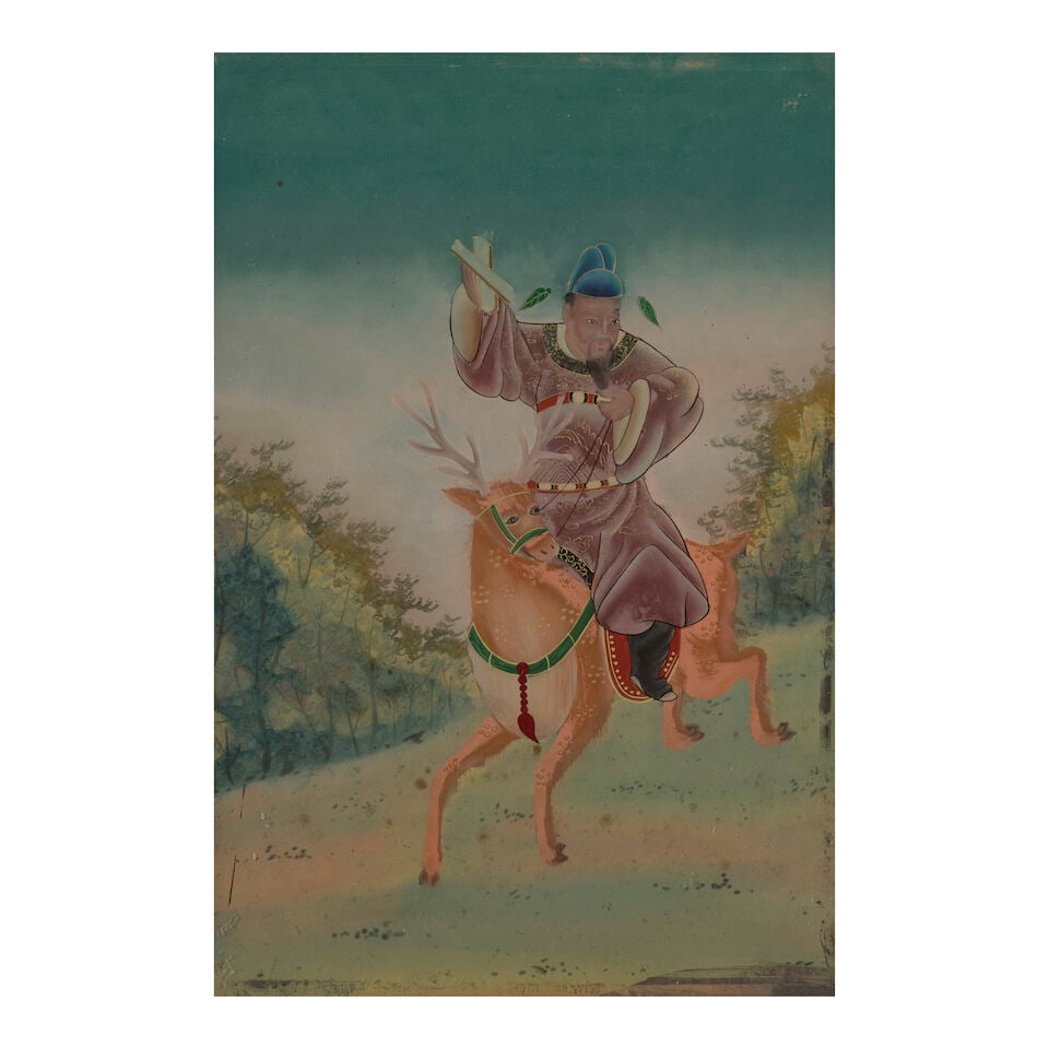 A REVERSE GLASS 'FIGURE ON DEER' PAINTING 19th century (wood frame): A REVERSE GLASS 'FIGURE ON DEER' PAINTING 19th century 19 1/8 x 13 3/8in (48.5 x 34cm) sight; 21 3/8 x 15 5/8in (54.2 x 39.8cm) overall with frame (wood