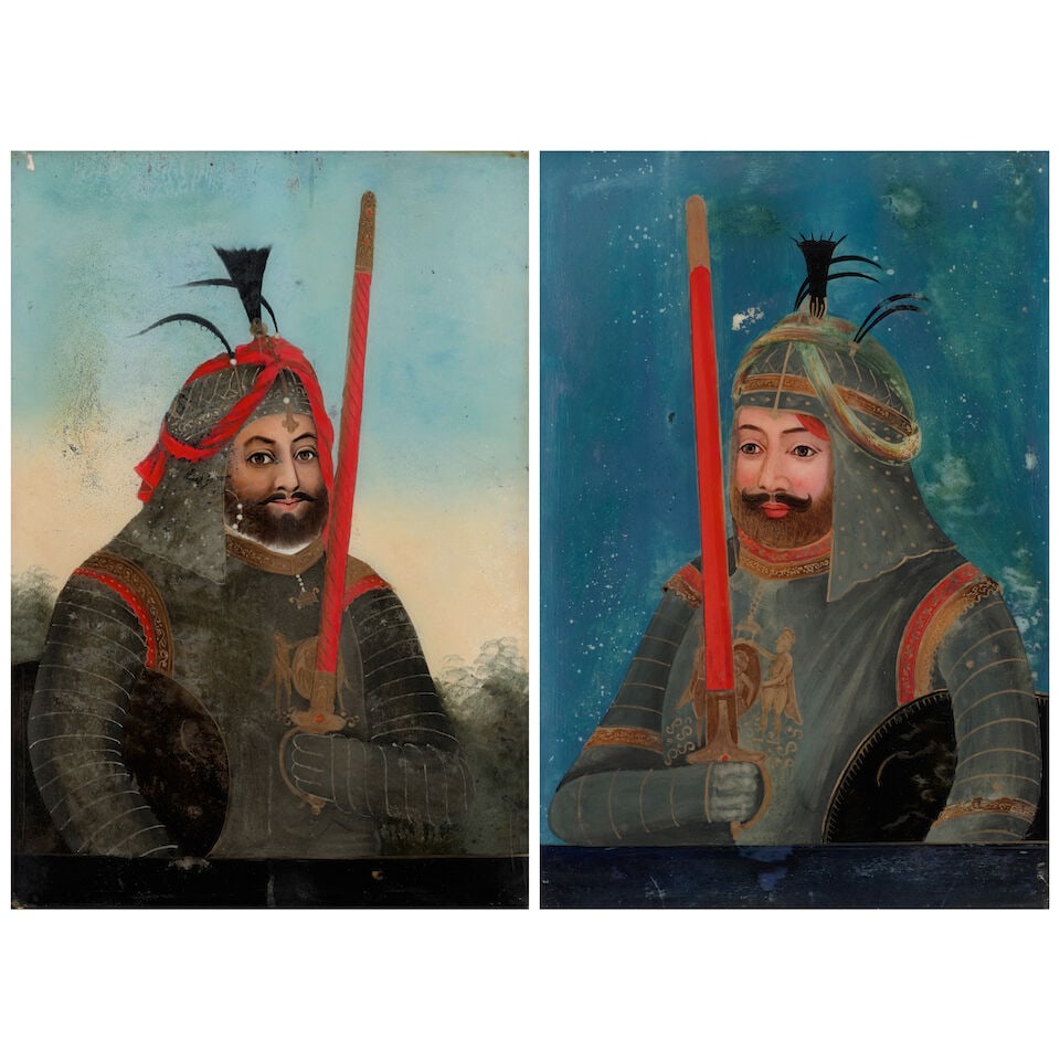 TWO EXPORT REVERSE GLASS MALE WARRIOR PAINTINGS 19th century, possibly China for the Indian mark... (1 of 5)