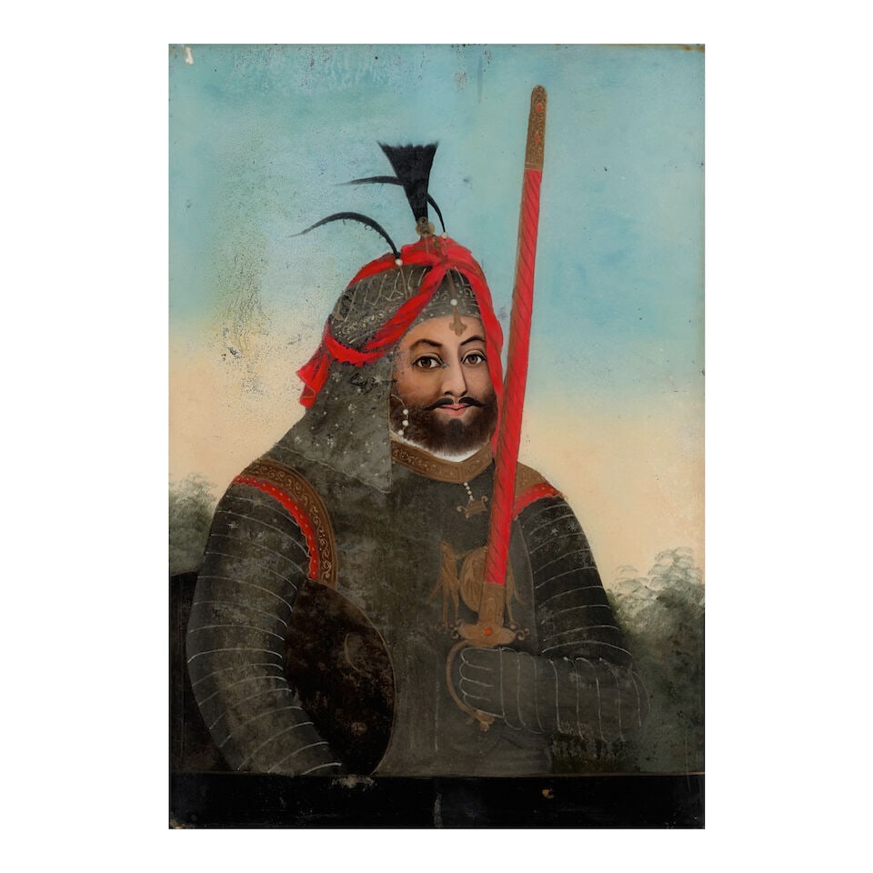 TWO EXPORT REVERSE GLASS MALE WARRIOR PAINTINGS 19th century, possibly China for the Indian mark... - 2