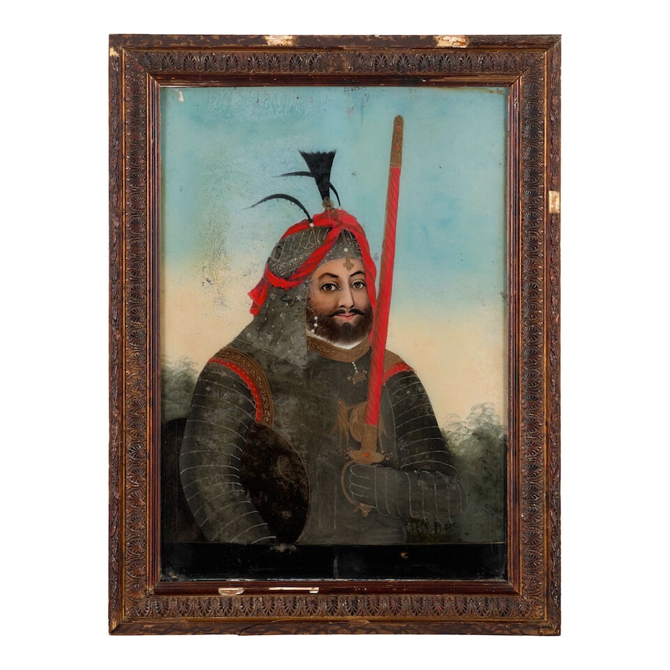 TWO EXPORT REVERSE GLASS MALE WARRIOR PAINTINGS 19th century, possibly China for the Indian mark... - 3