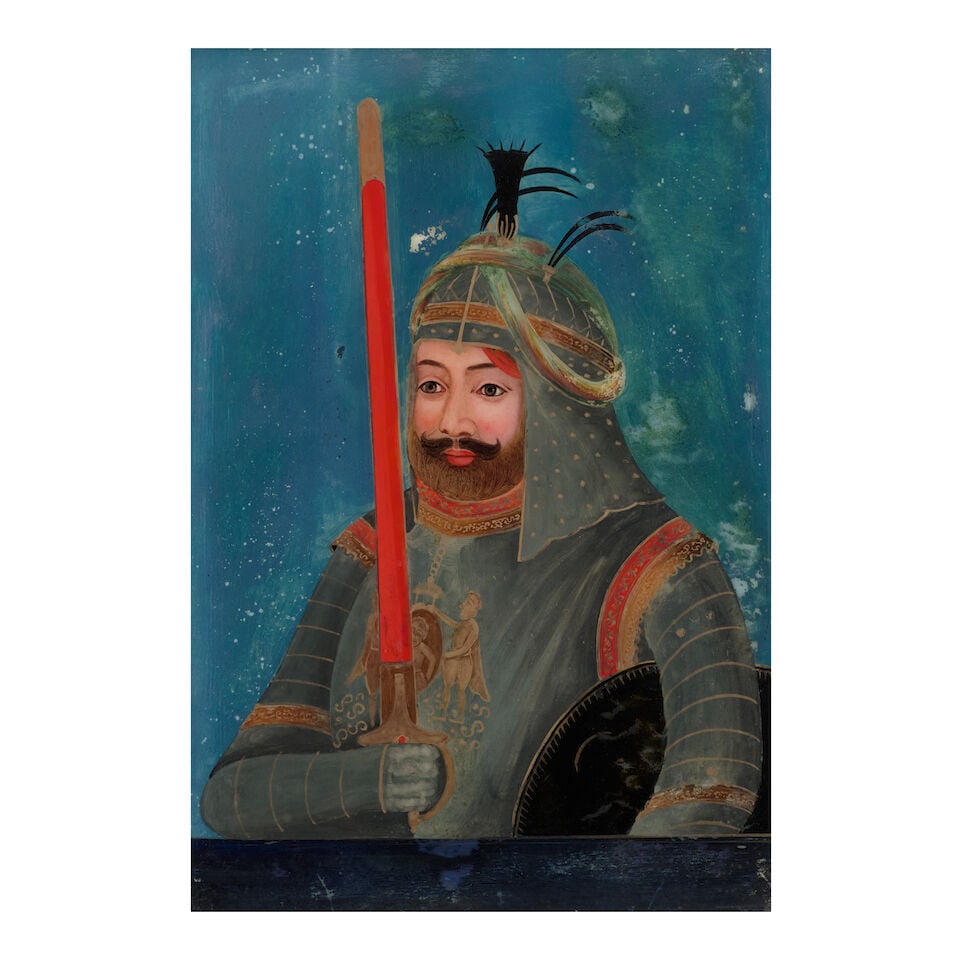 TWO EXPORT REVERSE GLASS MALE WARRIOR PAINTINGS 19th century, possibly China for the Indian mark... - 4