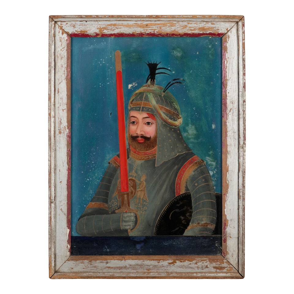 TWO EXPORT REVERSE GLASS MALE WARRIOR PAINTINGS 19th century, possibly China for the Indian mark... - 5
