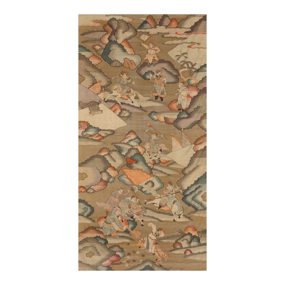 A PAINTED KESI PANEL OF A BATTLE SCENE late 19th century/early 20th century: A PAINTED KESI PANEL OF A BATTLE SCENE late 19th century/early 20th century 63 1/2 x 31 1/2in (161.3 x 80cm) sight Footnotes: 十九世紀晚期/二十世&