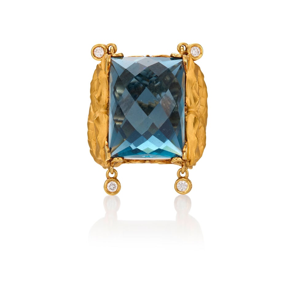 CARRERA Y CARRERA: 18K GOLD, TOPAZ AND DIAMOND RING: CARRERA Y CARRERA: 18K GOLD, TOPAZ AND DIAMOND RING • One rectangular rose cut topaz measuring approximately 18.77mm x 14.08mm x 10.35mm • Four round brilliant cut diamonds weighing