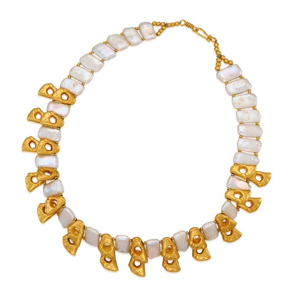 22K GOLD AND CULTURED KESHI PEARL NECKLACE: 22K GOLD AND CULTURED KESHI PEARL NECKLACE • Twenty-six rectangular shaped cultured keshi pearls measuring approximately 14.81mm x 8.56mm • Numerous 22K gold round beads measuring
