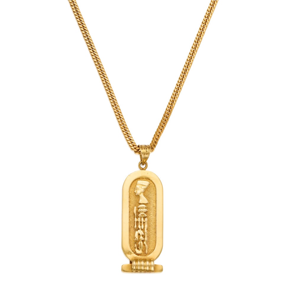 BALESTRA: 18K GOLD PENDANT WITH CHAIN: BALESTRA: 18K GOLD PENDANT WITH CHAIN • 18K gold slide pendant with chain • Stamped BALESTRA • Pendant measures 2 1/16 in. x 3/4 in. • Length 25 1/4 in. • Estimated