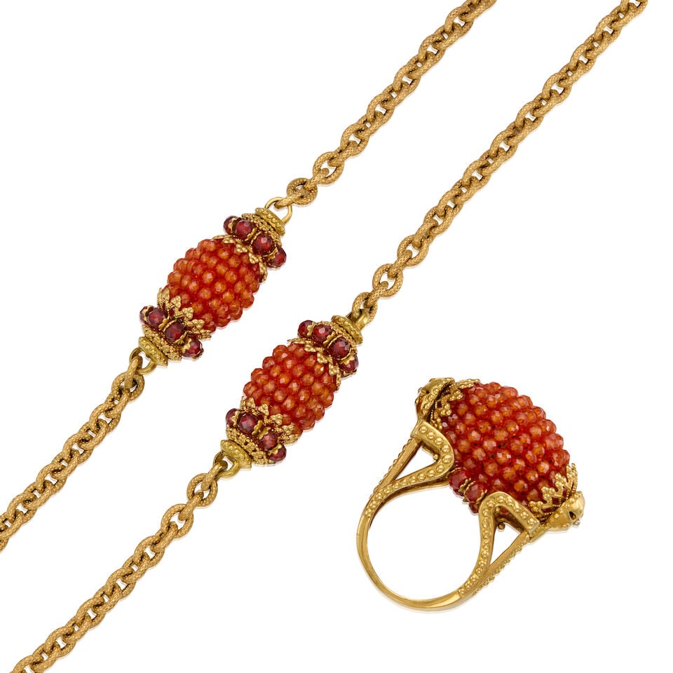 MARIO GARFARINO: 18K GOLD, 'SUN DAY' GARNET NECKLACE AND RING SET - 2