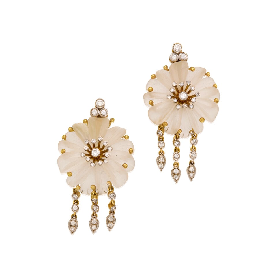 18K GOLD, QUARTZ, AND DIAMOND EARRINGS: 18K GOLD, QUARTZ, AND DIAMOND EARRINGS • Two carved flower-shaped quartz measuring approximately 23.88mm x 23.32mm • Fifty-six round brilliant cut diamonds weighing approximately 1.14