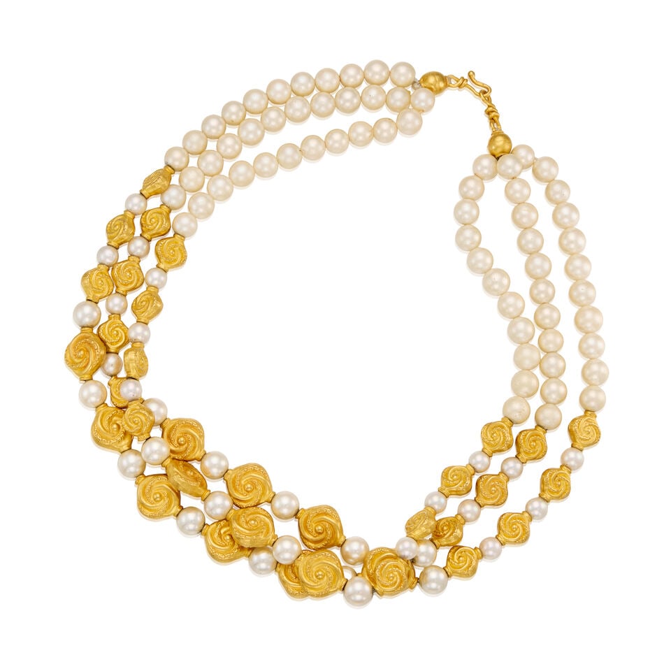 22K GOLD BEADED TRIPLE STRAND NECKLACE - 2