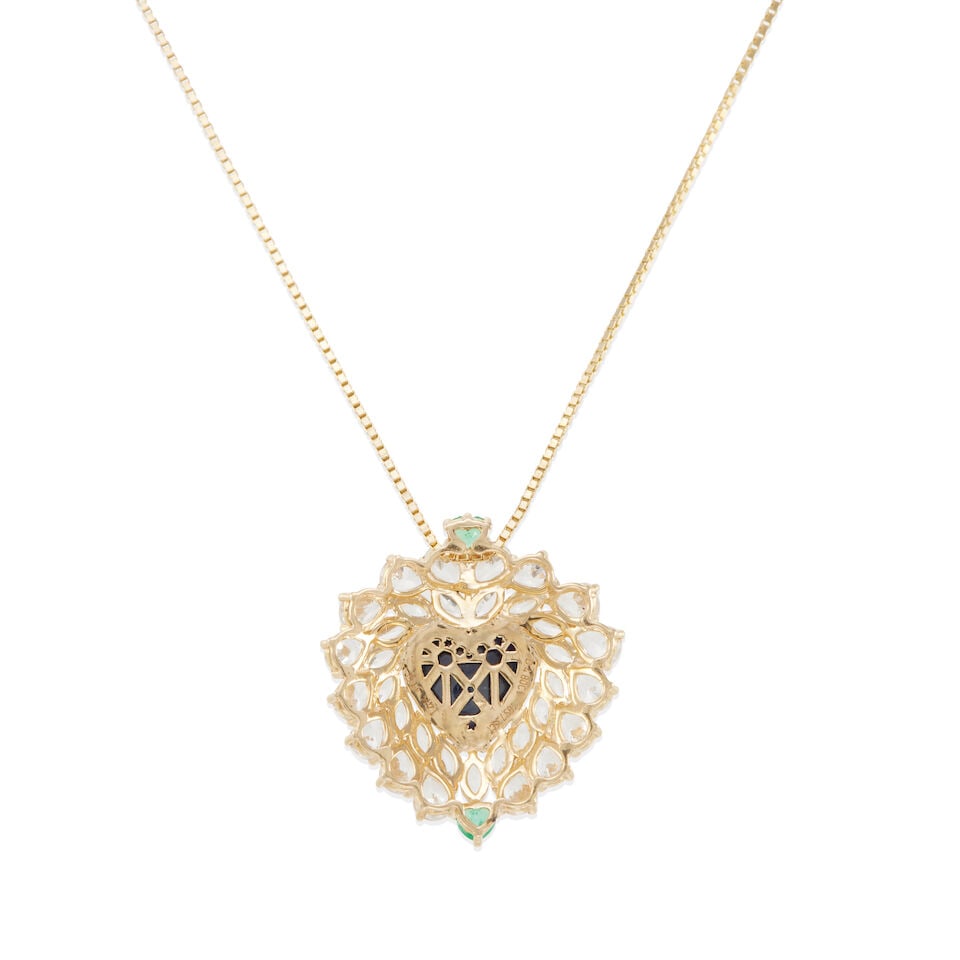 14K YELLOW GOLD, SAPPHIRE, AND EMERALD PENDANT NECKLACE - 2