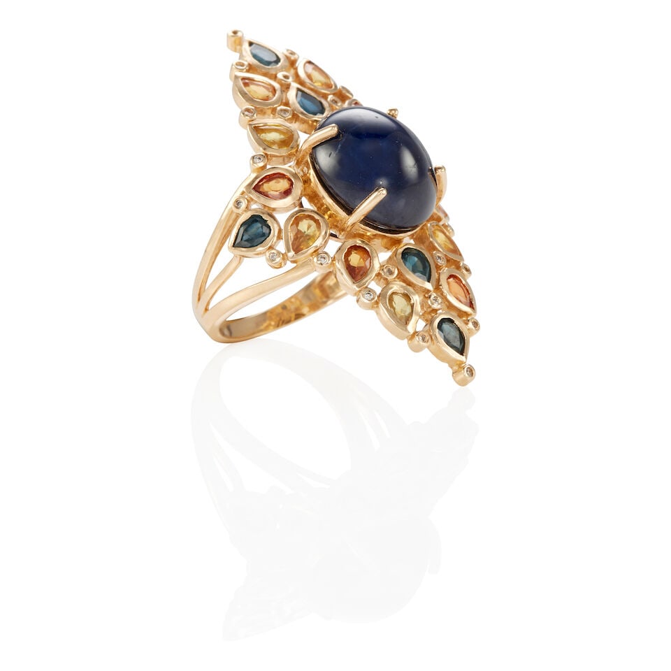 14K YELLOW GOLD, SAPPHIRE, AND DIAMOND RING - 2