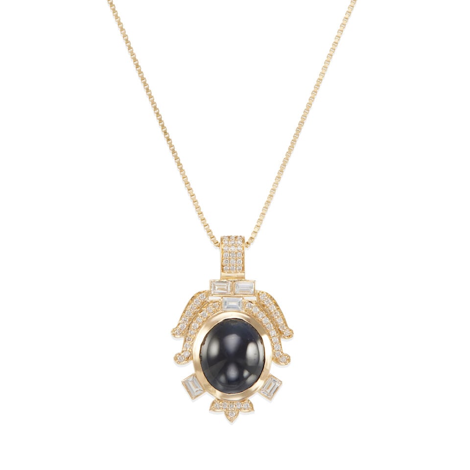 14K YELLOW GOLD, SAPPHIRE, AND DIAMOND PENDANT NECKLACE: 14K YELLOW GOLD, SAPPHIRE, AND DIAMOND PENDANT NECKLACE • One oval cabochon sapphire weighing approximately 6.75 carats (12.17mm x 10.84mm x 4.70mm) • Five rectangular shaped sapphires