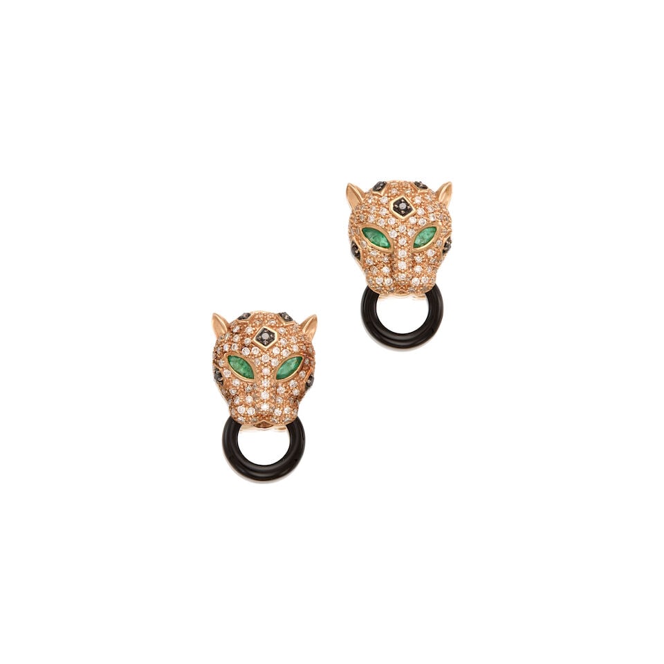 14K GOLD, EMERALD, DIAMOND AND ONYX PANTHER HEAD EARRINGS: 14K GOLD, EMERALD, DIAMOND AND ONYX PANTHER HEAD EARRINGS • Four marquise shaped emeralds weighing approximately 0.16 carat total • Two circular onyx and ten round shaped onyx •