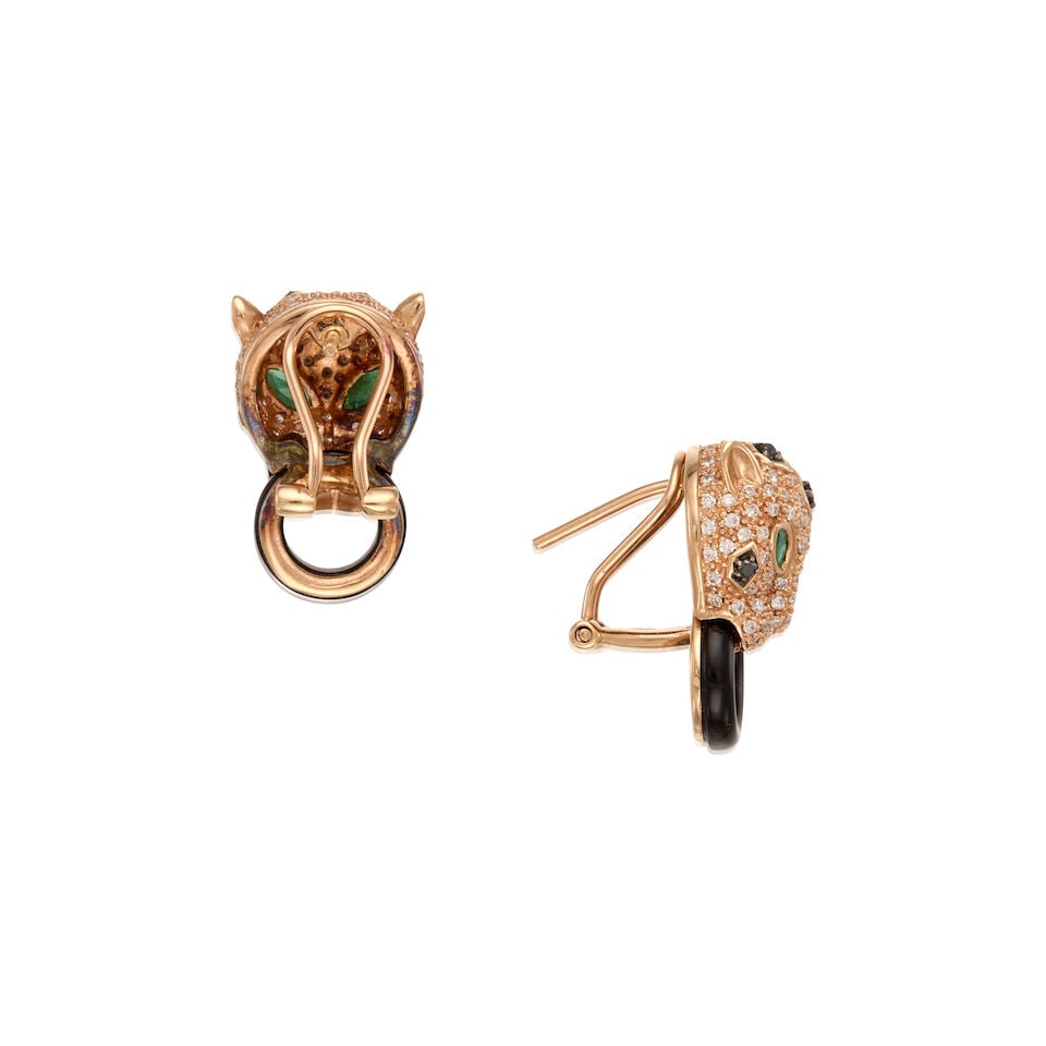 14K GOLD, EMERALD, DIAMOND AND ONYX PANTHER HEAD EARRINGS - 2
