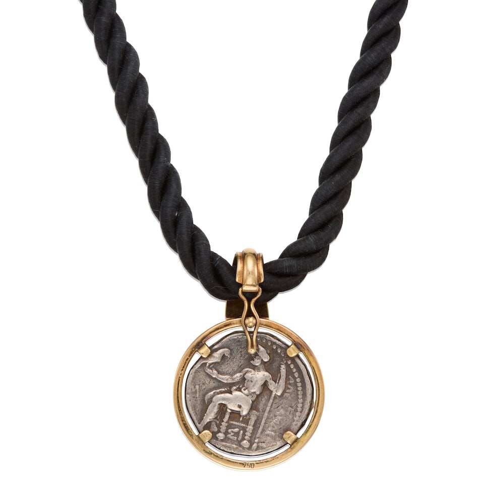 17K GOLD AND SILVER 'ALEXANDER THE GREAT' COIN ON SILK CORD - 2