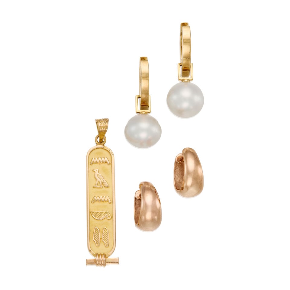 A GROUP OF GOLD AND PEARL EARRINGS: A GROUP OF GOLD AND PEARL EARRINGS • A pair of 9K gold earrings with two semi-round cultured pearl measuring approximately 12.10mm in diameter, measures 1 1/4 in. x 1/2 in. • A 9K rose