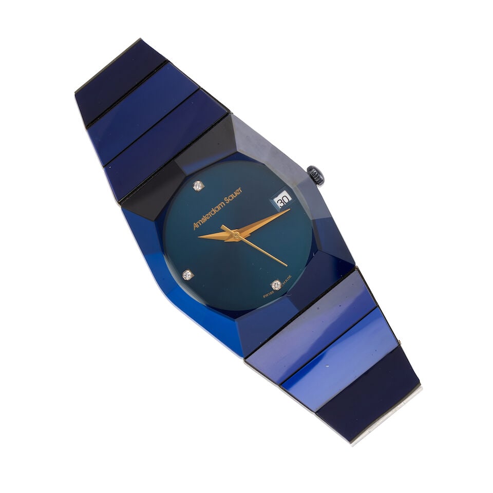 AMSTERDAM SAUER: STAINLESS STEEL, DIAMOND AND SYNTHETIC SAPPHIRE WATCH: AMSTERDAM SAUER: STAINLESS STEEL, DIAMOND AND SYNTHETIC SAPPHIRE WATCH • Stainless steel topped synthetic sapphire watch case and bracelet • Three round brilliant cut diamonds •
