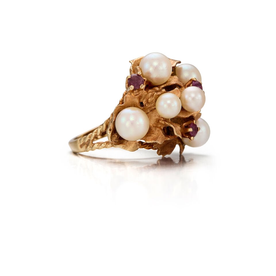 14K GOLD, CULTURED PEARL AND PINK GEMSTONE RING - 2