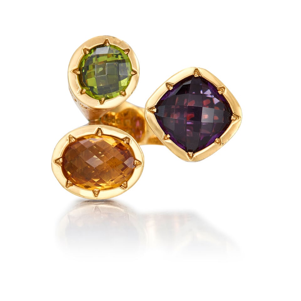 GOLD PLATED, AMETHYST, GREEN GEMSTONE AND CITRINE RING: GOLD PLATED, AMETHYST, GREEN GEMSTONE AND CITRINE RING • One square rose cut amethyst measuring approximately 11.97mm x 11.70mm • One round rose cut green gemstone measuring approximately