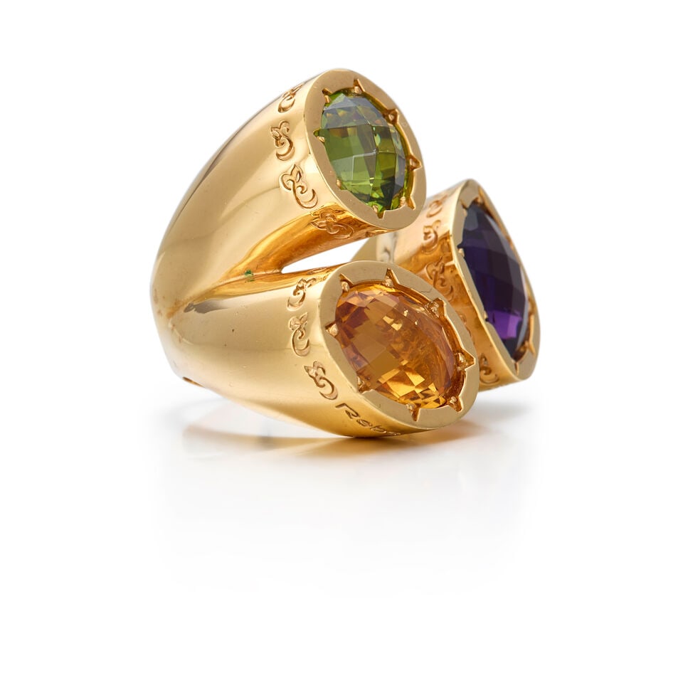 GOLD PLATED, AMETHYST, GREEN GEMSTONE AND CITRINE RING - 2