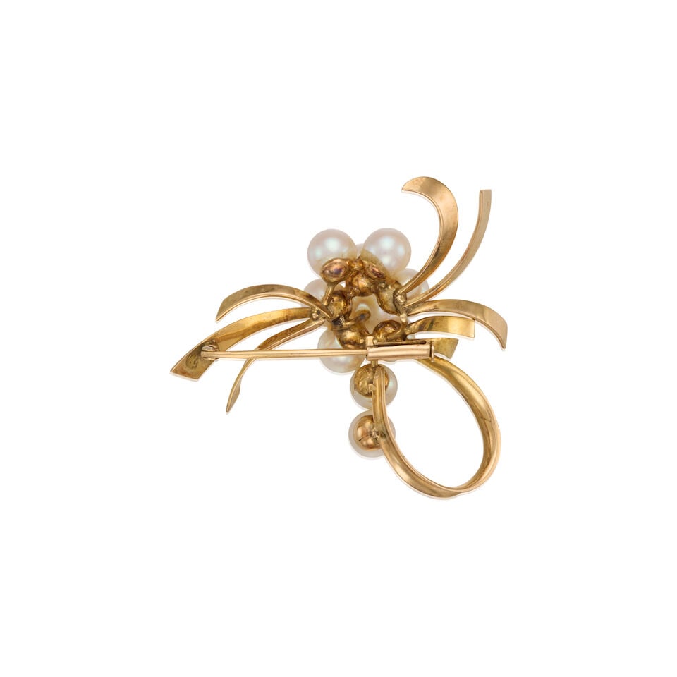 14K YELLOW GOLD AND CULTURED PEARL BROOCH - 2