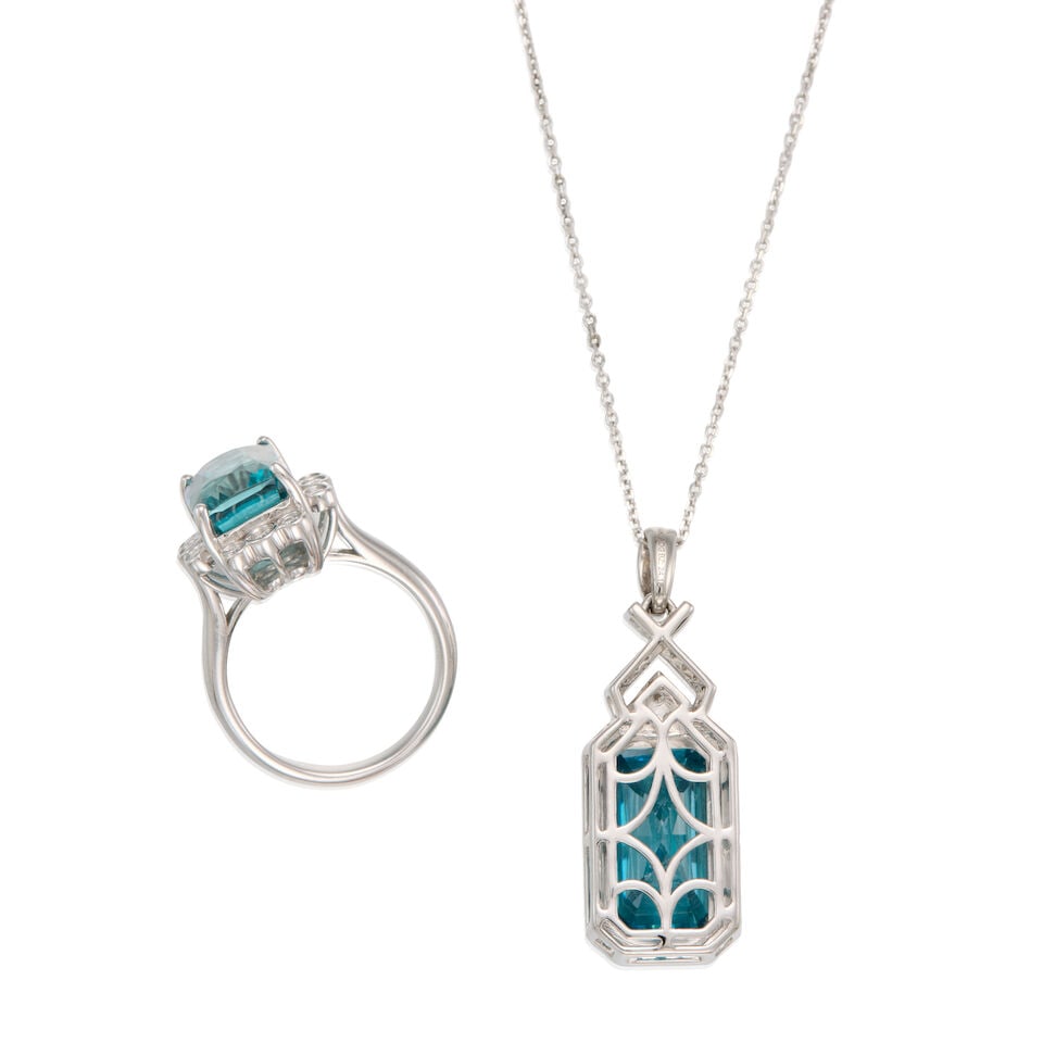 14K WHITE GOLD, ZIRCON, AND DIAMOND PENDANT NECKLACE AND RING - 2