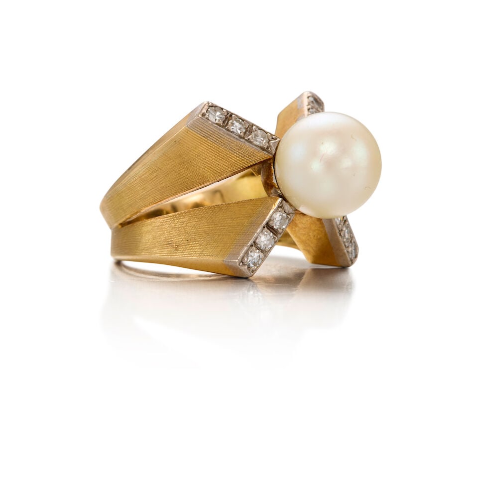 BICOLORED GOLD, CULTURED PEARL, AND DIAMOND RING - 2