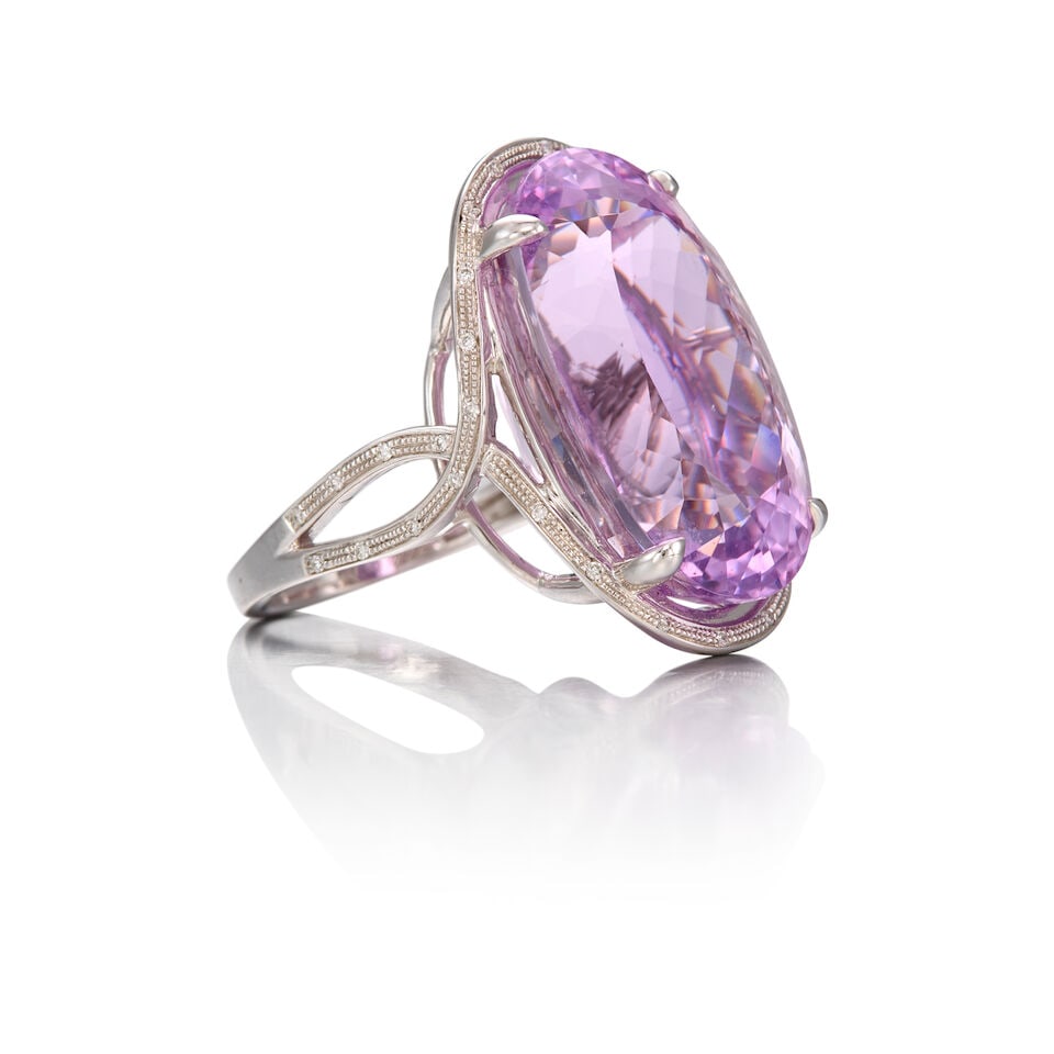 14K WHITE GOLD, KUNZITE, AND DIAMOND RING - 2