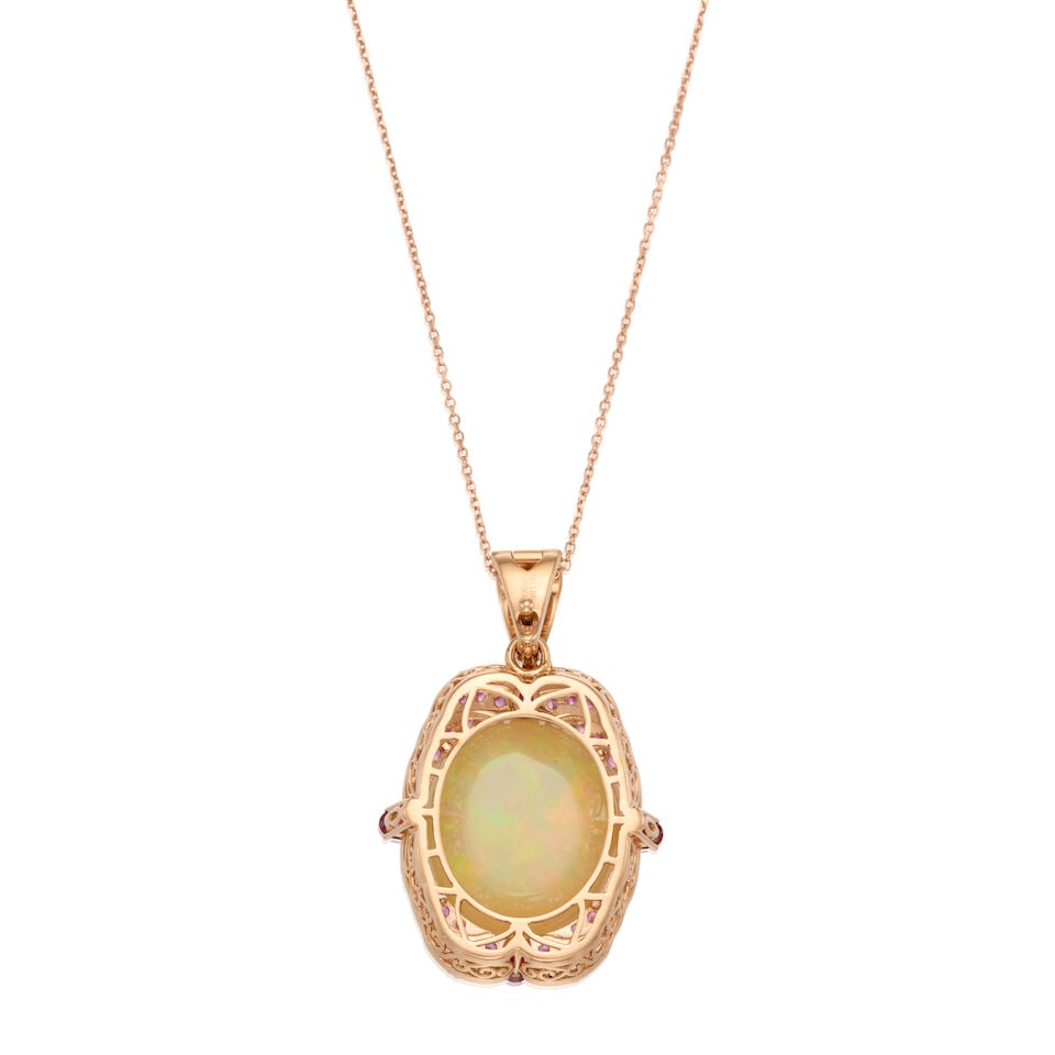 18K ROSE GOLD, OPAL, RUBY, PINK SAPPHIRE AND DIAMOND PENDANT NECKLACE - 2