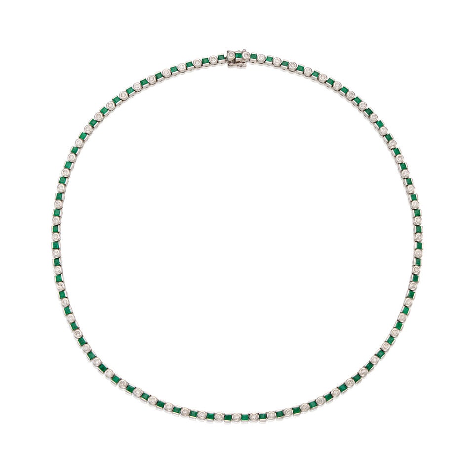 14K WHITE GOLD, EMERALD AND DIAMOND NECKLACE: 14K WHITE GOLD, EMERALD AND DIAMOND NECKLACE • Sixty-nine square shaped emerald weighing approximately 2.42 carats total • Sixty-nine round brilliant cut diamonds weighing approximately 2.