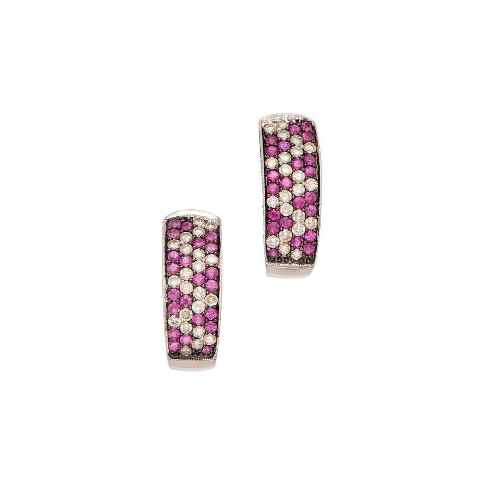 14K WHITE GOLD, PINK SAPPHIRE AND DIAMOND EARRINGS: 14K WHITE GOLD, PINK SAPPHIRE AND DIAMOND EARRINGS • Eighty-eight round shaped pink sapphire weighing approximately 1.76 carats total • Forty-four round brilliant cut diamonds weighing