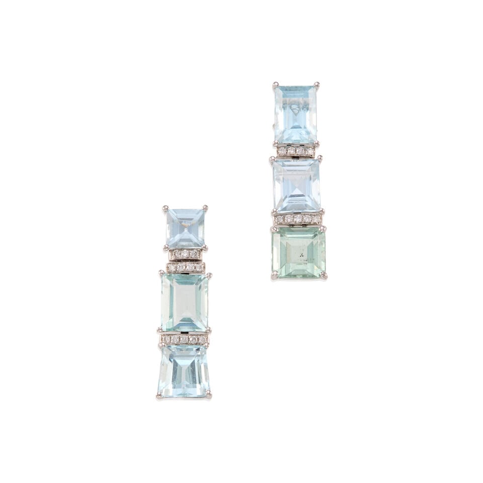 PAIR OF PLATINUM, AQUAMARINE, AND DIAMOND EARRINGS: PAIR OF PLATINUM, AQUAMARINE, AND DIAMOND EARRINGS • Numerous round shaped diamonds weighing approximately 0.05 carat total • Six rectangular shaped aquamarines weighing approximately