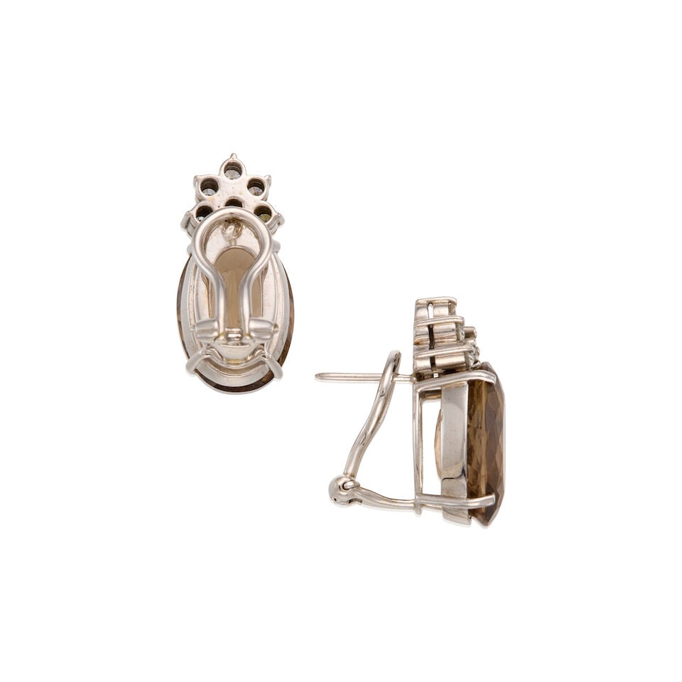 18K WHITE GOLD, SMOKY QUARTZ AND DIAMOND EARRINGS - 2
