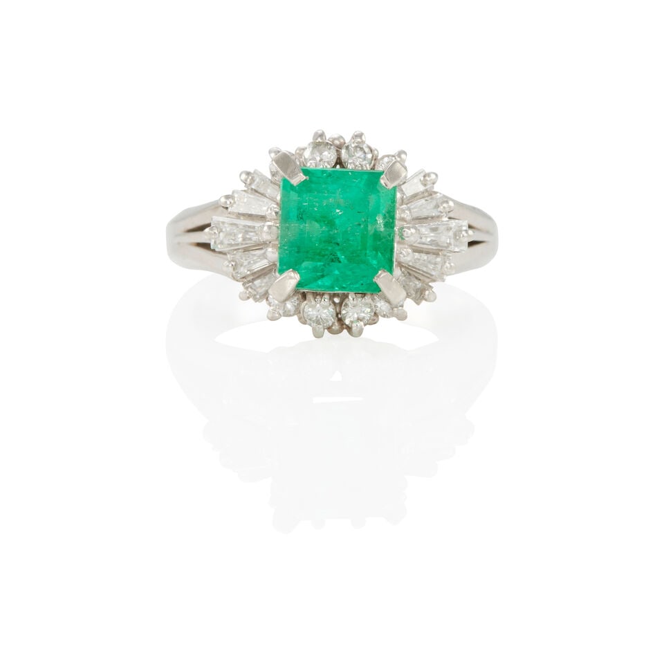PLATINUM, EMERALD, AND DIAMOND RING WITH GIA REPORT: PLATINUM, EMERALD, AND DIAMOND RING WITH GIA REPORT • Numerous round and tapered baguette diamonds weighing approximately 0.45 carat total • One octagonal shaped emerald stated to weigh
