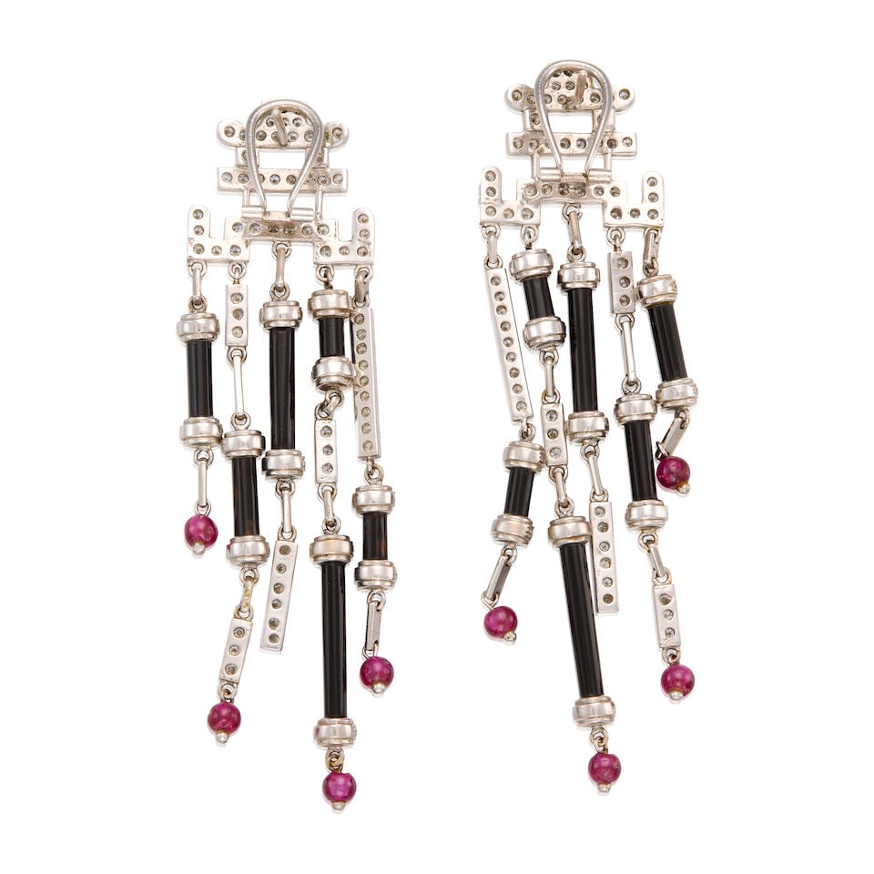 18K WHITE GOLD, DIAMOND, RUBY AND ONYX EARRINGS - 2